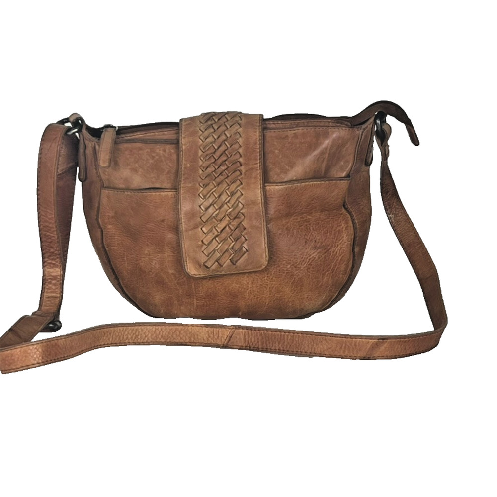 Vilenca Holland Women's Crossbody Half Moon Woven Tab Brown Leather Boho Bag